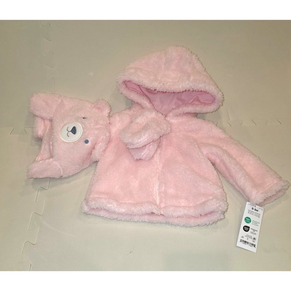 NWT Carters soft pink bear fleece zip up jacket with hat and gloves sz 0-3mo